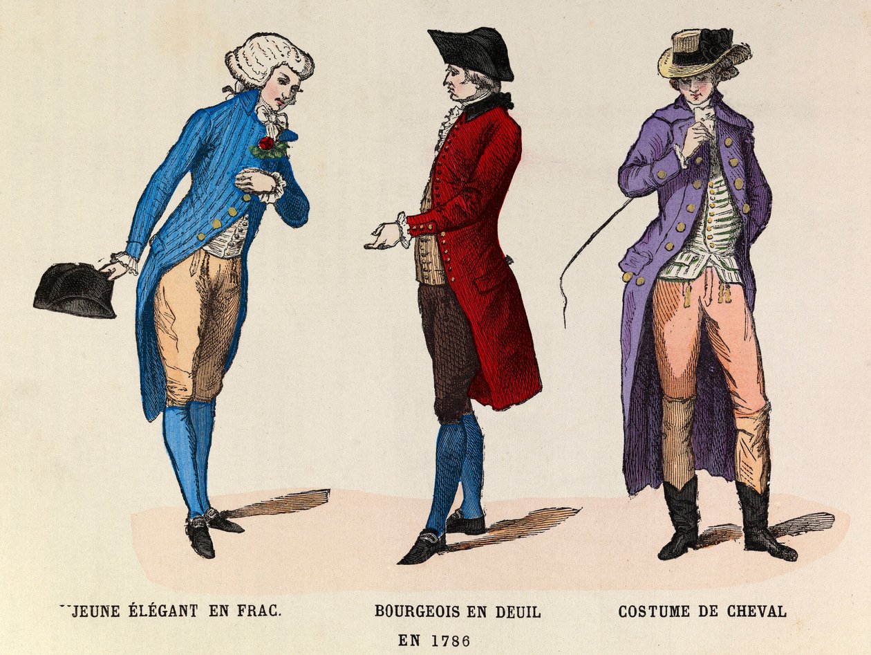 左から右へ。1786年、フラックを着た若いエレガントな女性、喪服と馬のスーツを着たブルジョワ - 個人蔵 作： 匿名匿名