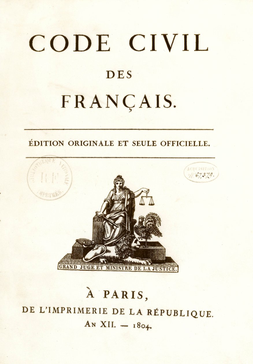 1804年3月21日にナポレオン・ボナパルトによって公布された「フランス民法」の12の原版のうちの1つの正面図。フランス市民権法。B.N.パリ 作： 匿名匿名