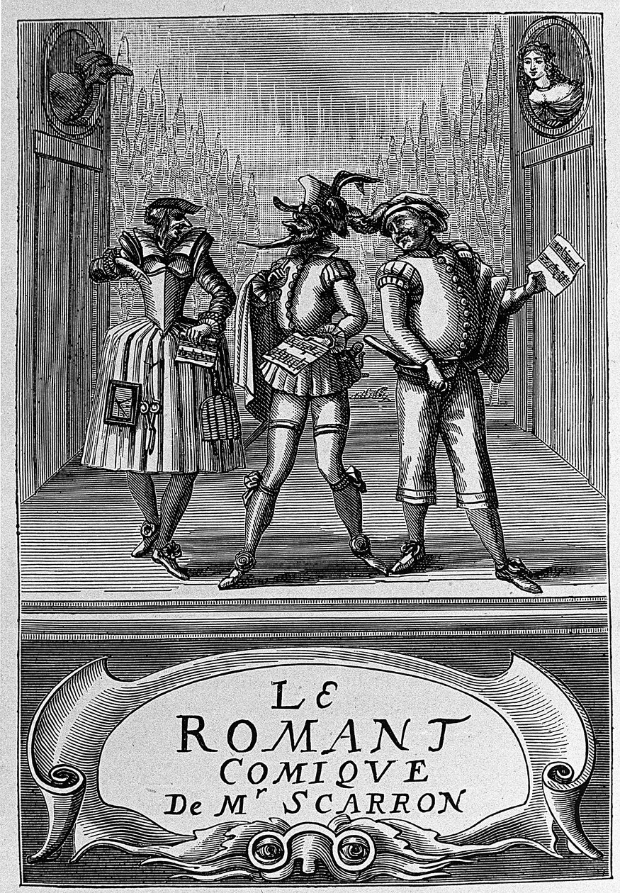 フランスの作家、ポール・スカロン（1610-1660）の著書「コミック・ローマン」の表紙。18世紀のエングレーヴィング。 作： 匿名匿名