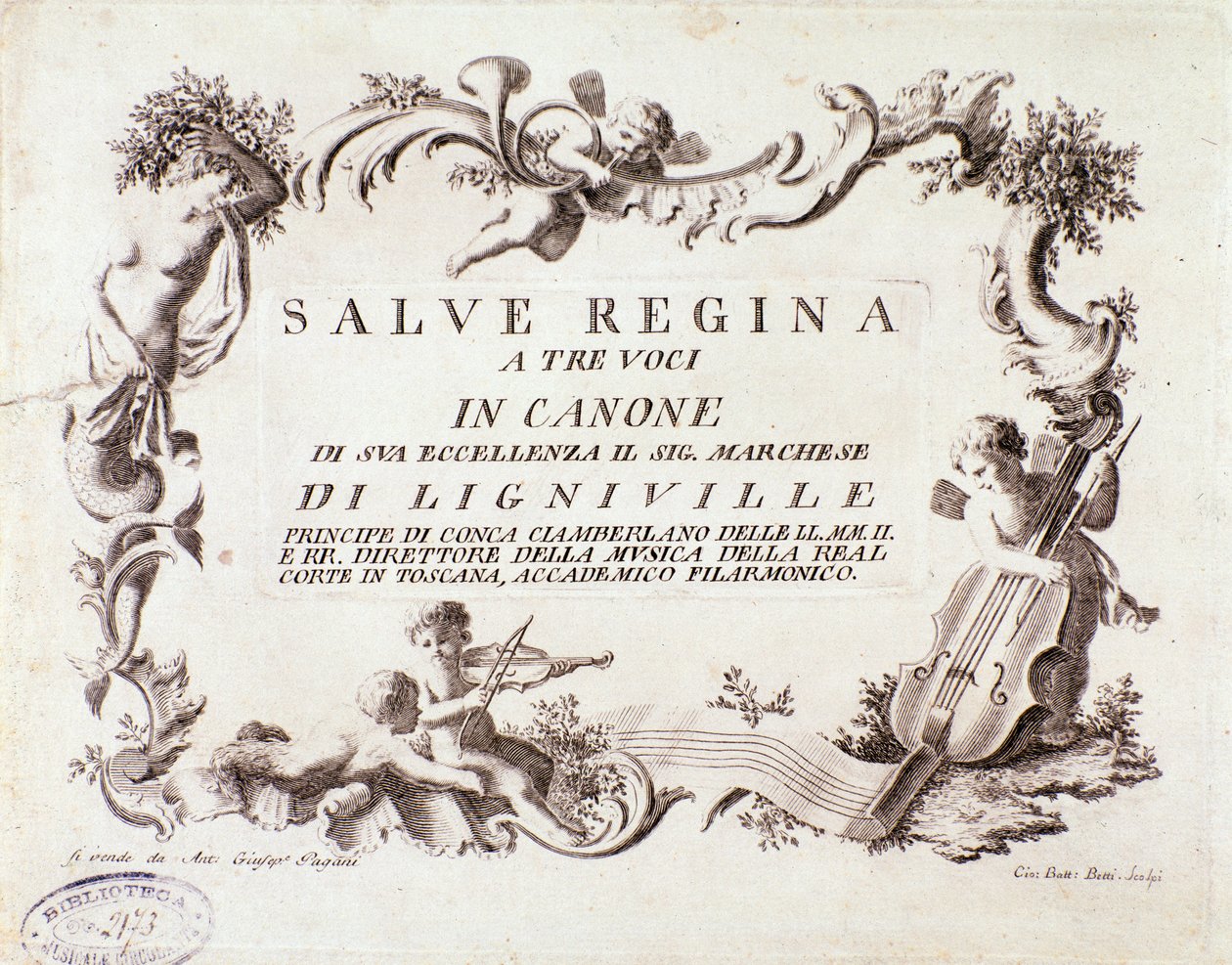 リグヌヴィル侯爵による三声のための賛美歌「Salve regina」の譜面の扉（1768年 作： 匿名匿名