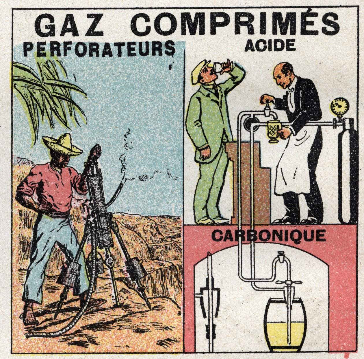 ガス圧：圧縮空気のドリルやビールの製造に使われるガスパン。1925年の匿名のイラスト。個人蔵。 作： 匿名匿名