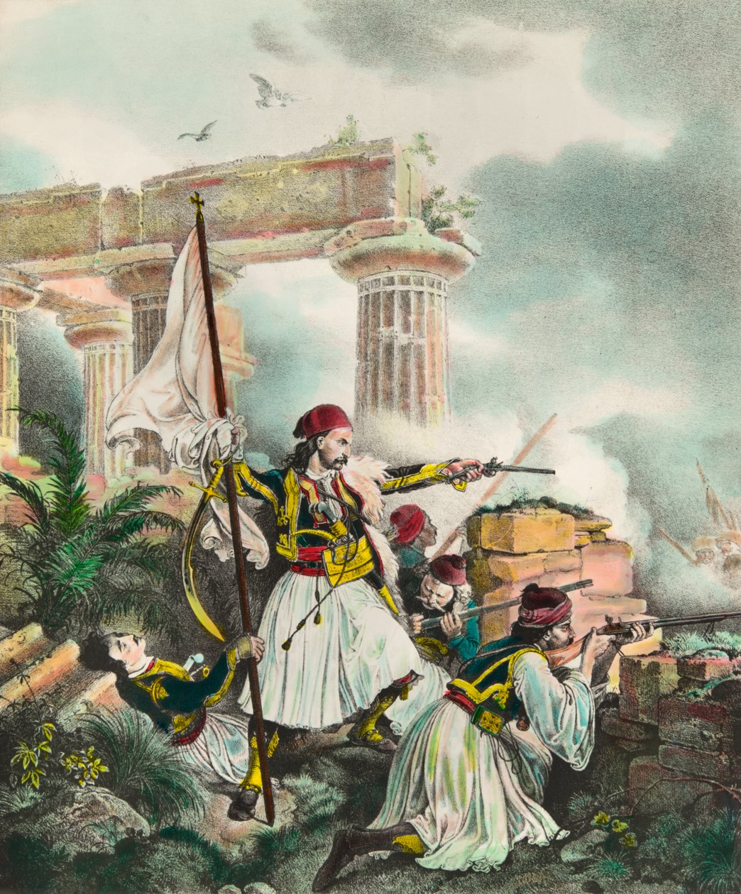 オスマン帝国に対するギリシャ独立戦争：1821年3月25日の蜂起の後、ニコラキ・ミトロポロスによってサロナに旗が上がっている。19世紀のリトグラフ 個人蔵 作： 匿名匿名