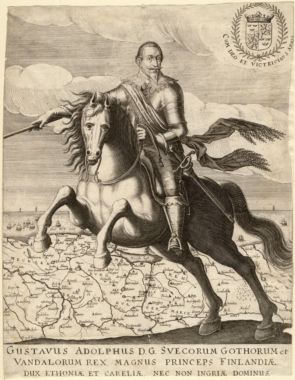 Gustave II Adolphe, dit le Grand ou le lion du Nord (1594-1632), roi de Suede, chevauchant la carte de Pomeranie - Gustavus Adolphus before the map of Pomerania in background - Anonymous - 1630 - Copper engraving - 30,4x23,9 - Private Collection 作： 匿名匿名
