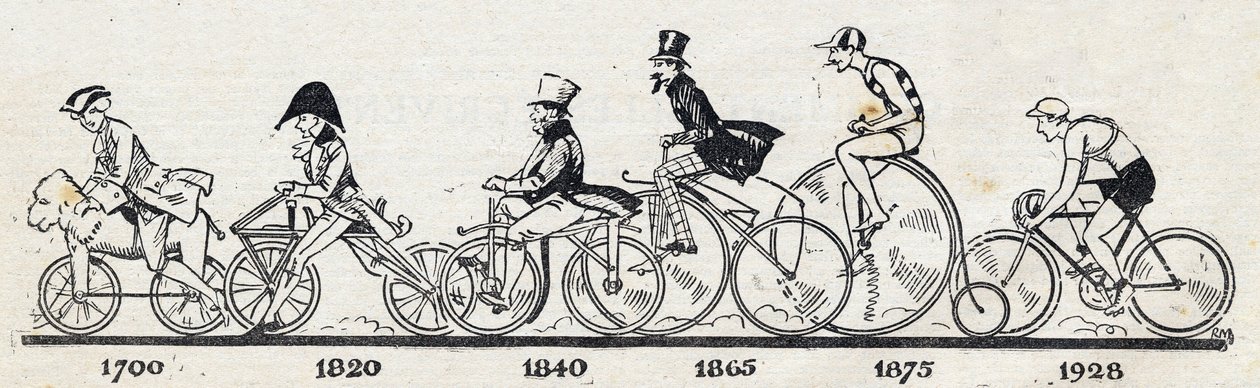 自転車の歴史：1700年から1928年までの様々なモデルの自転車。"Le petit journal illustrious "に掲載されたエングレーヴィング 作： 匿名匿名
