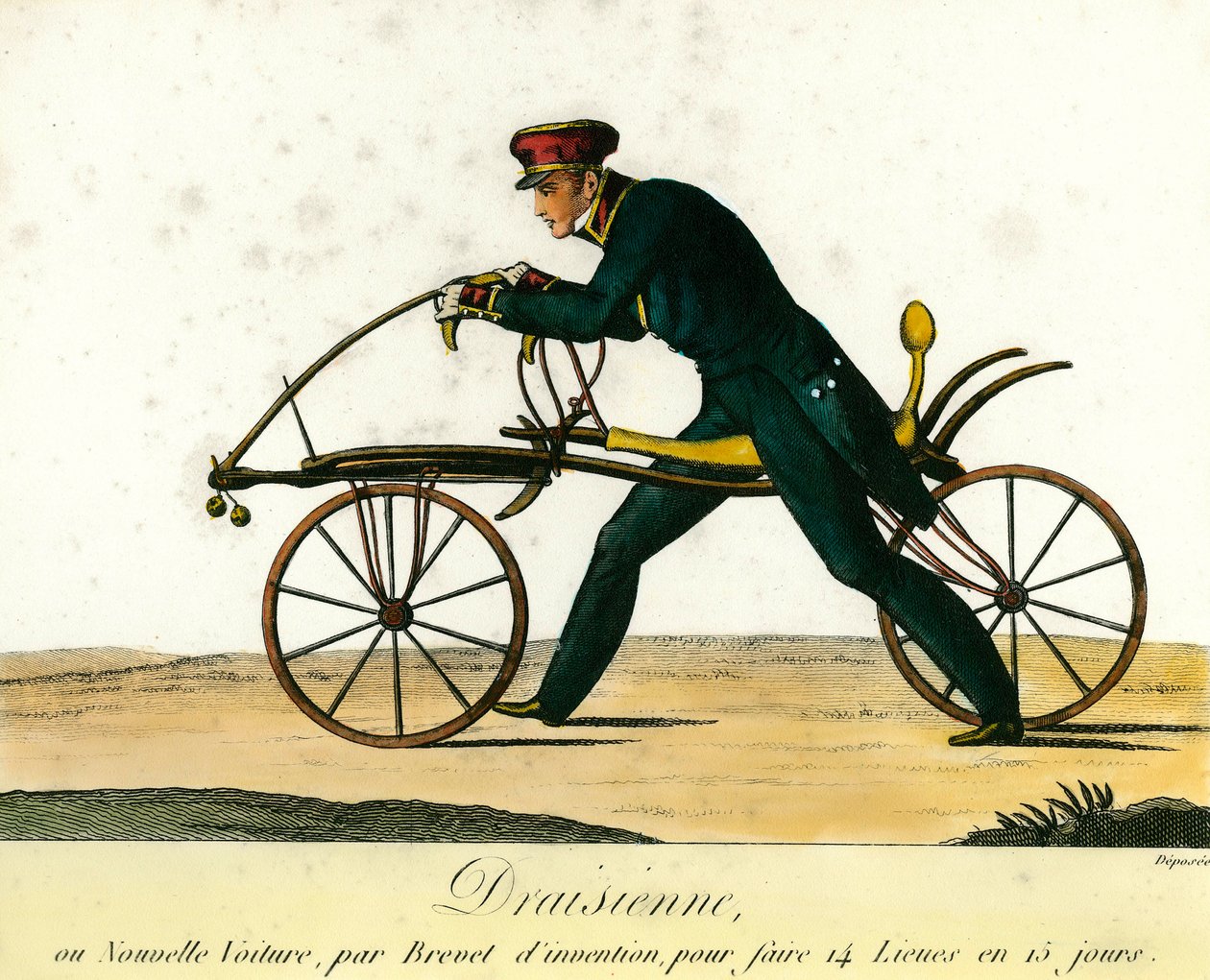 自転車の歴史：1818年頃に大人気だった新車「ドレーシエンヌ」。1818年のエングレーヴィング。個人蔵 作： 匿名匿名