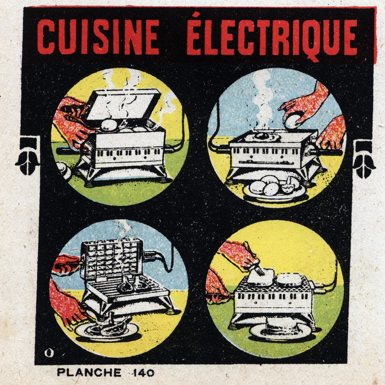 家庭での電気の使い方：グリル付き電気キッチン。1925年の匿名のイラスト。個人蔵。 作： 匿名匿名