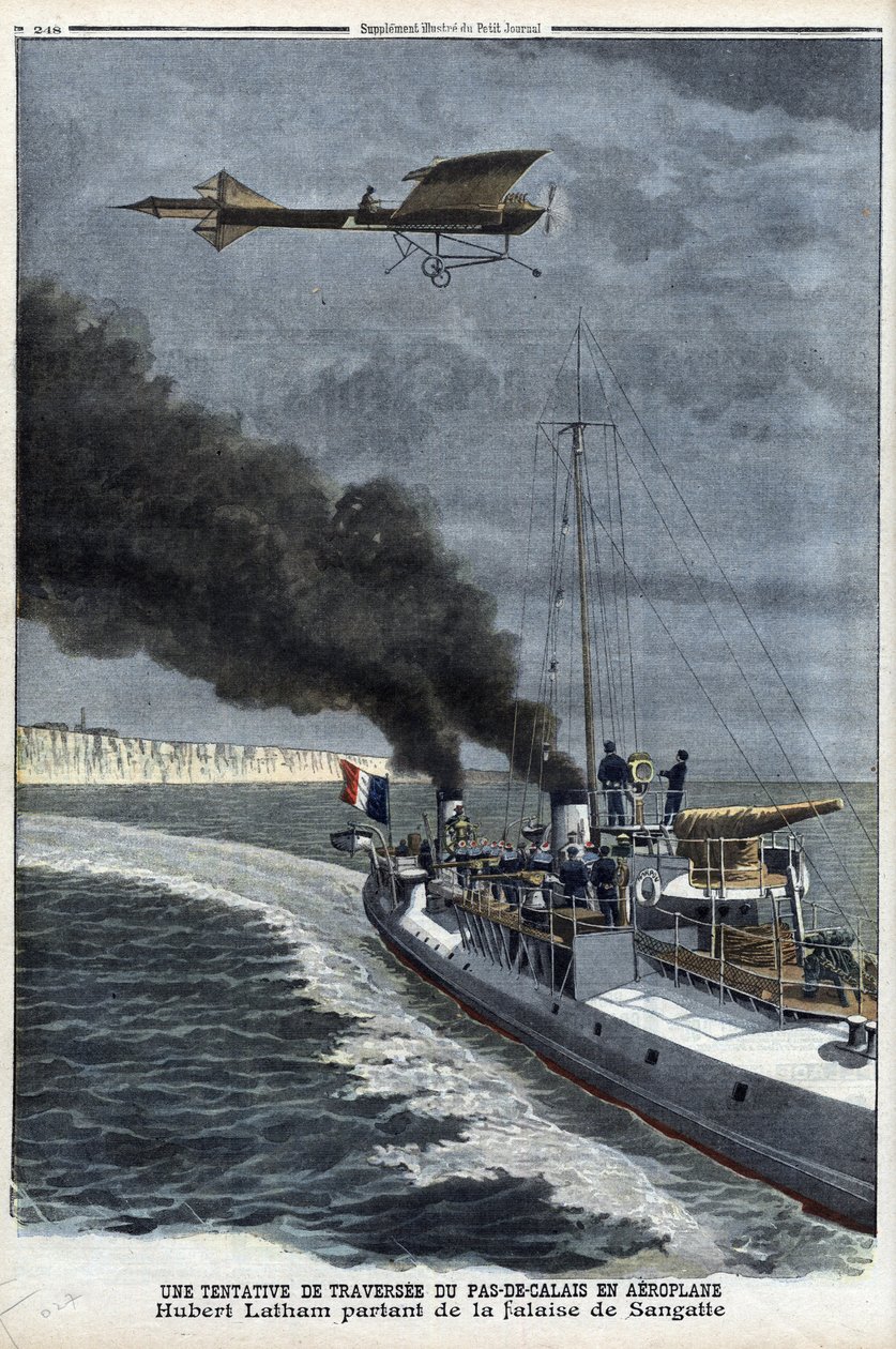 Hubert Latham（1883-1912）、フランスの飛行家、単葉機「アントワネット」でサンガットを出発し、飛行機での海峡横断を試みる（7月19日）。 作： 匿名匿名