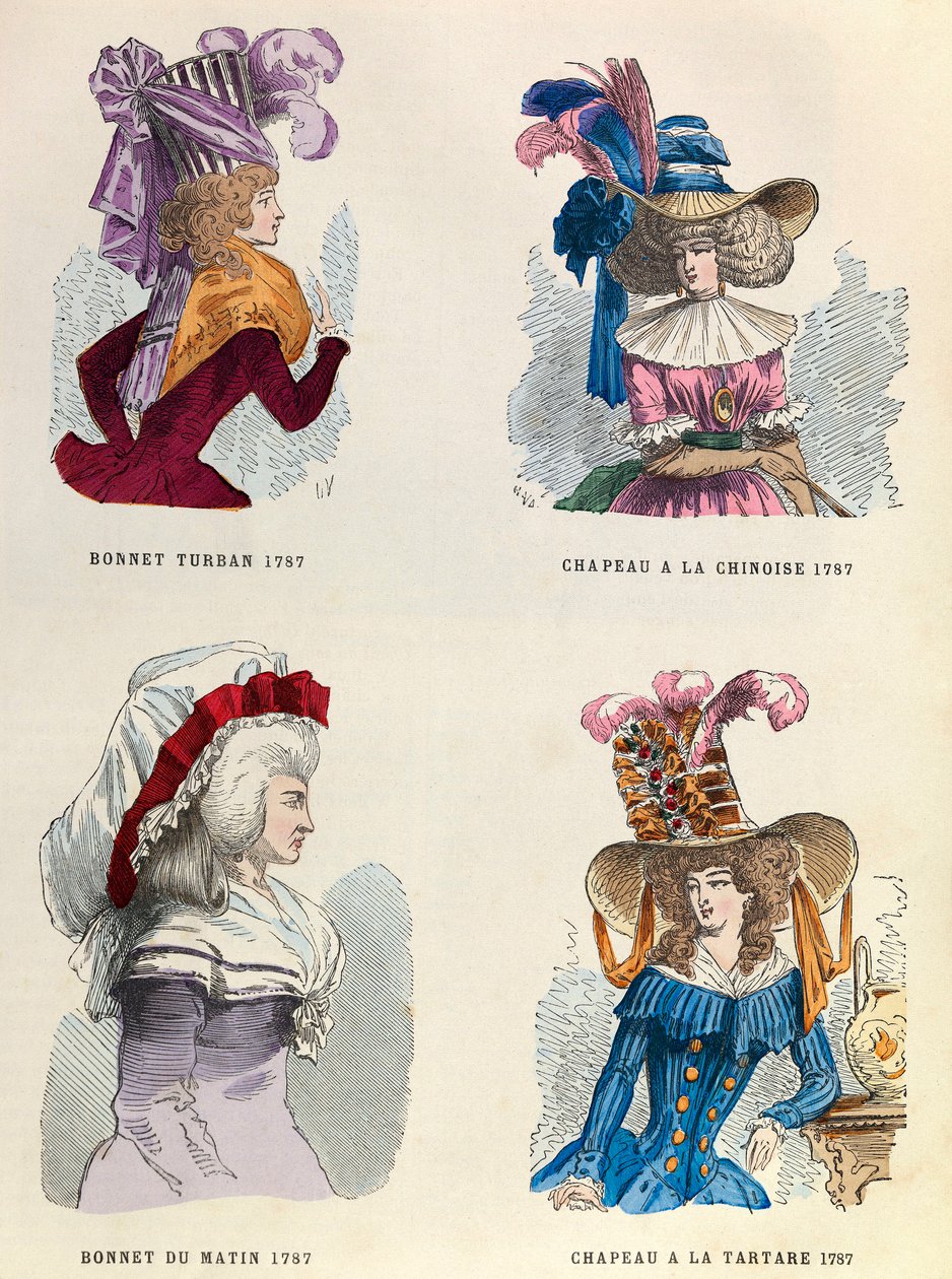 1787年 ターバン・ハット、モーニング・ハット、チャイニーズ・ハット、タルタル・ハット - 個人蔵 作： 匿名匿名