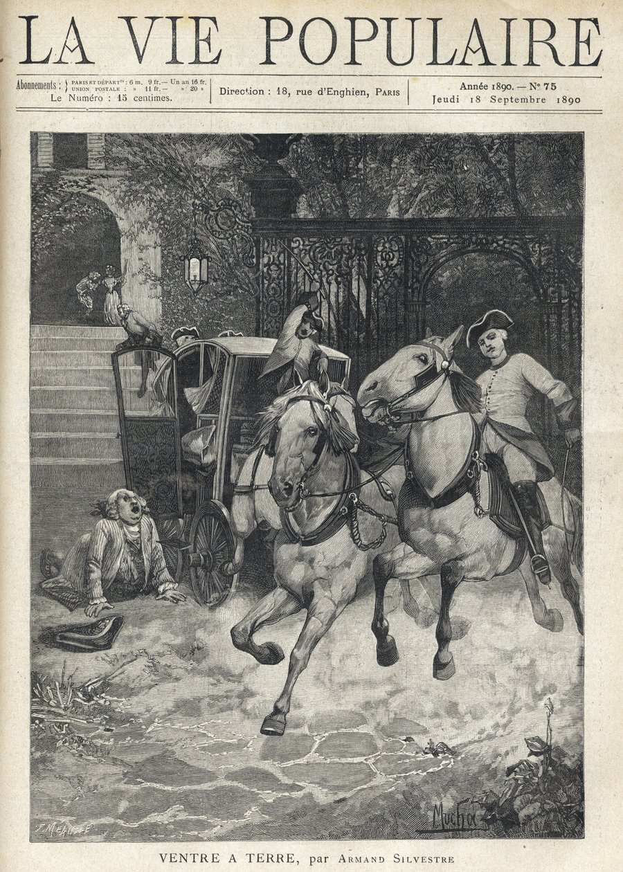 Vor der Treppe eines kleinen Schlosses kommt ein junger Reiter in den Hof, spuckt sein Pferd an und versetzt die Pferde des Gespanns in Panik, ein großer Mann mit Perücke liegt nach einem Sturz auf dem Boden. Illustration von Alfons Maria Mucha von Anonymous Anonymous