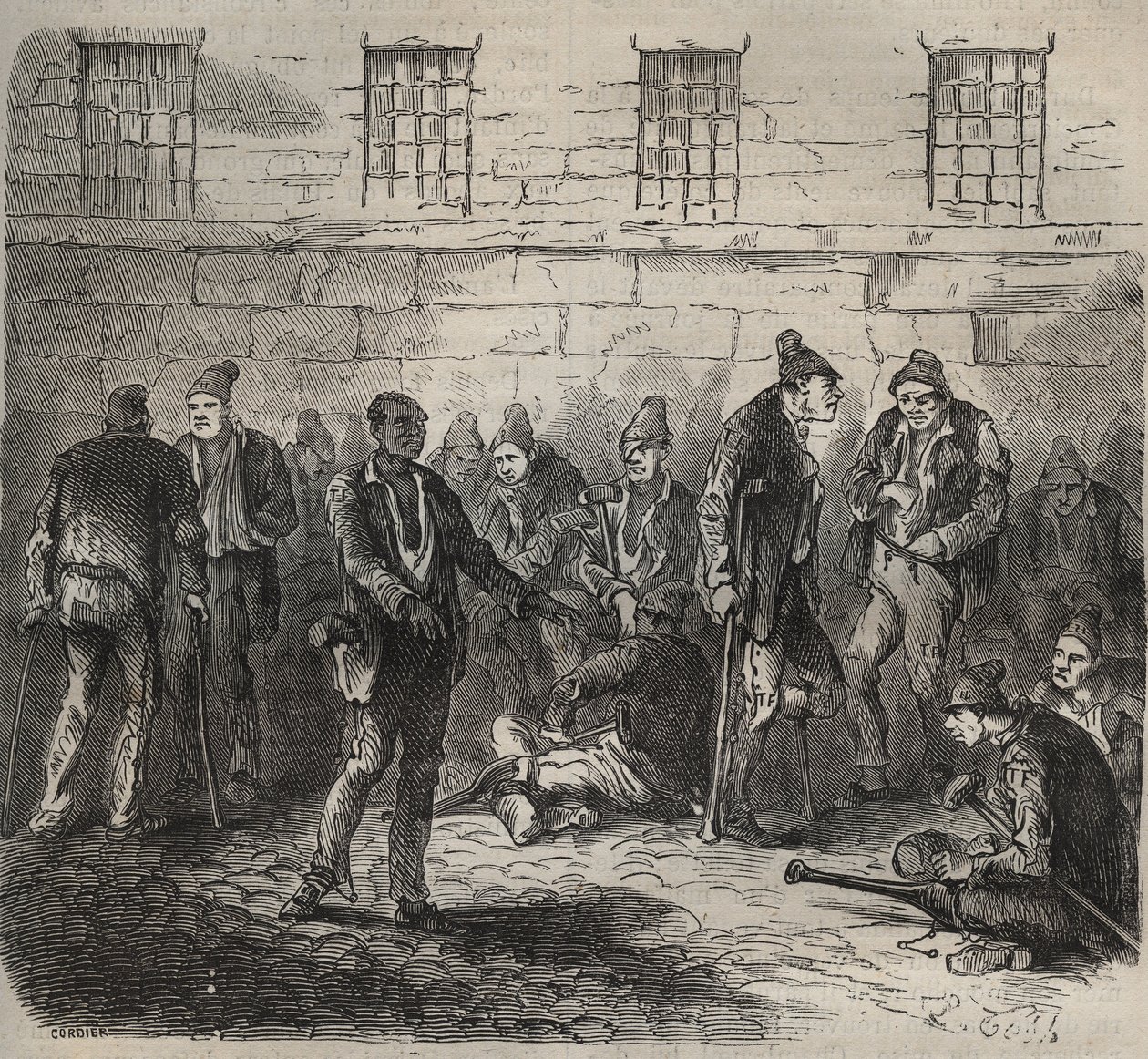19世紀のトゥーロン・バグーンの病人部隊。ピエール・ザッコーネ（1817-1895）の「Histoire des bagnes depuis leur création à nos jours」（1877年）に掲載されている版画（Colonia Penale - Penal colony）。個人蔵。 作： 匿名匿名