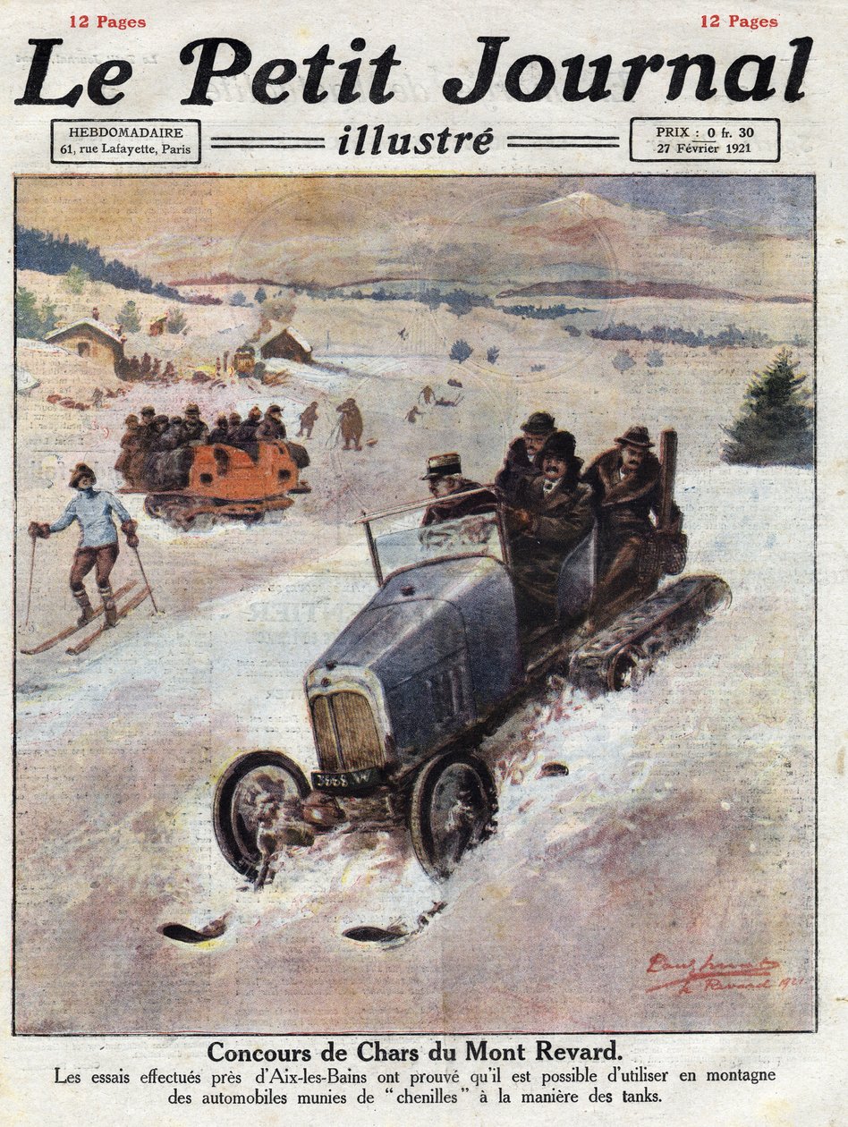 山岳地帯での車の技術革新、脱線を防ぐために車輪にトラックを置く。イラストは1921年2月27日の "Le petit journal "からの引用。個人蔵 作： 匿名匿名
