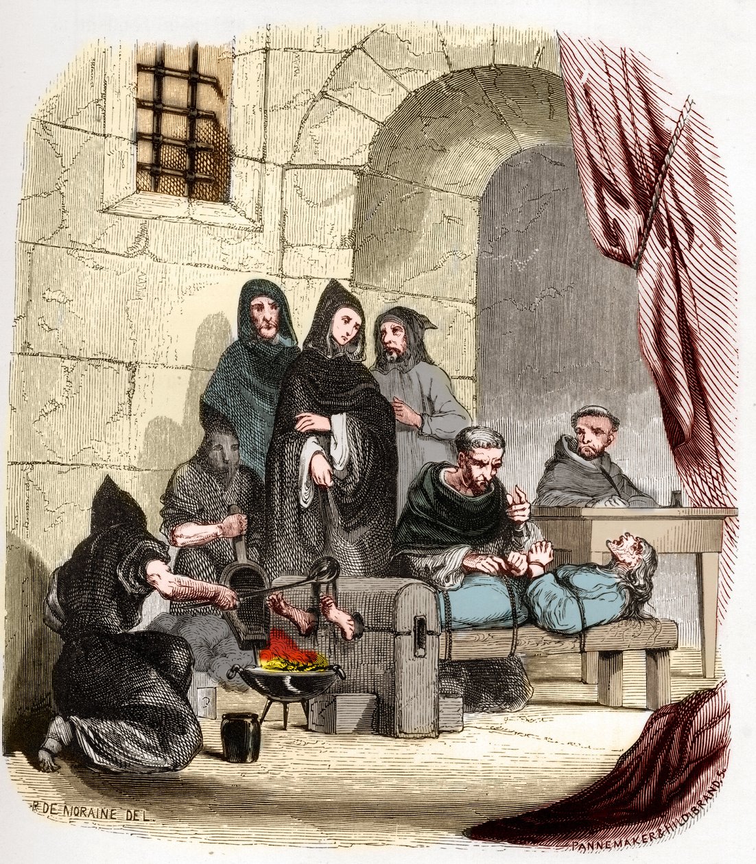 Inquisition in Spanien im 15. Jahrhundert: Maria von Burgund (1457-1482), beschuldigt, Jüdin zu sein, wird von (Heiligen) Peter (Pedro) von Arbues (1441/1442-1485), spanischem Inquisitor, gefoltert: er verbrennt ihre Füße. Illustration in „Mystères de l