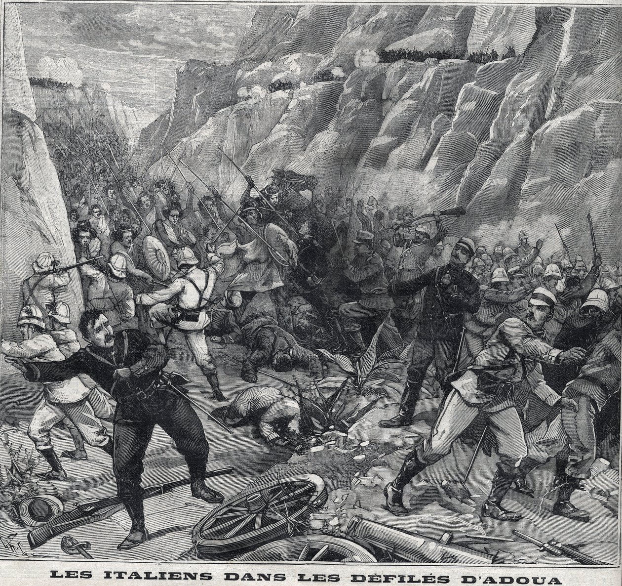 エチオピアでアドゥア族と戦うイタリア人。"Le Peute Parisien "に掲載された版画 作： 匿名匿名