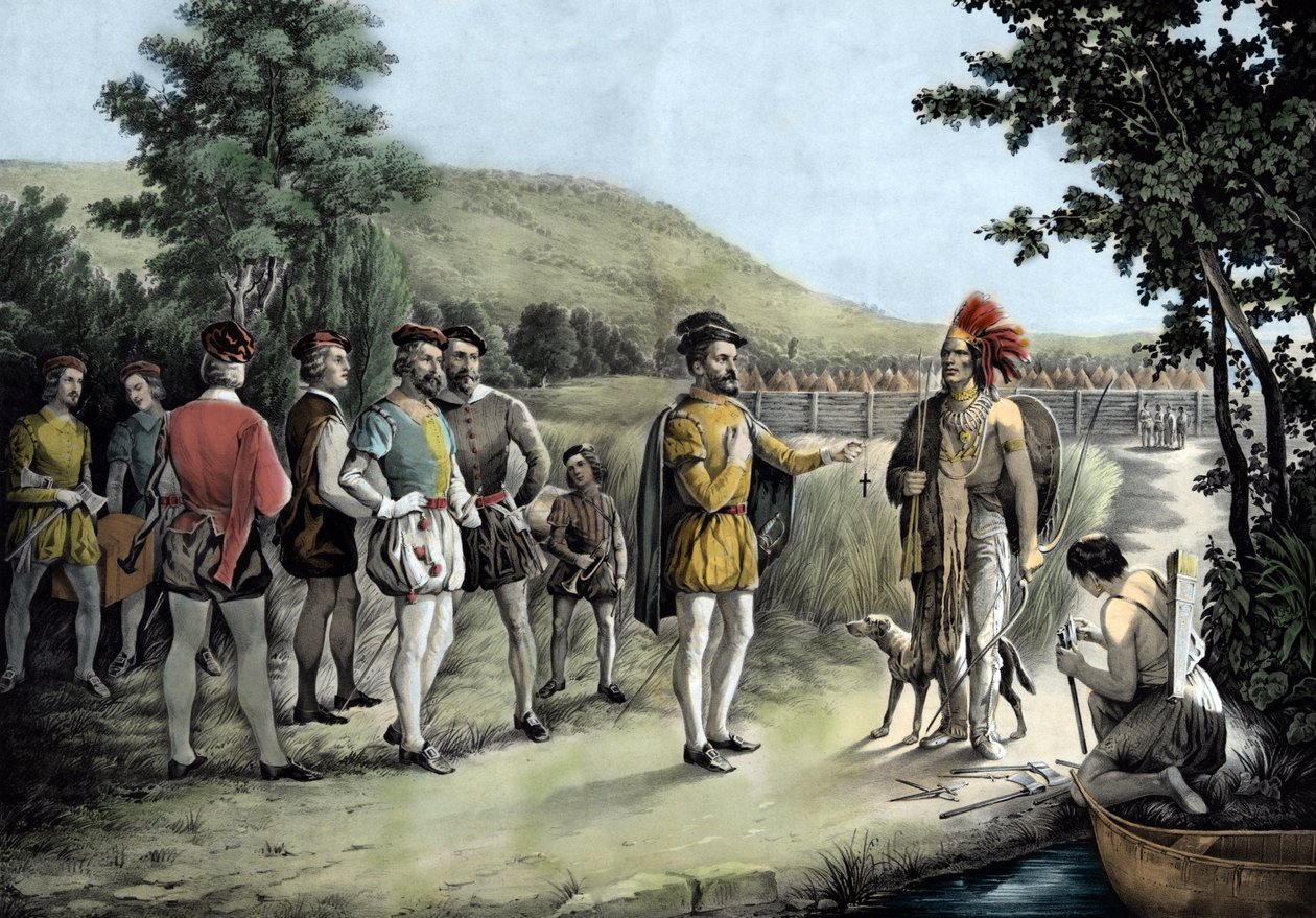 ジャック・カルティエ、1535年にホシェラガ（現在のモントリオール）でインディアンとの最初のインタビューを行ったときの写真（Litho 作： 匿名匿名