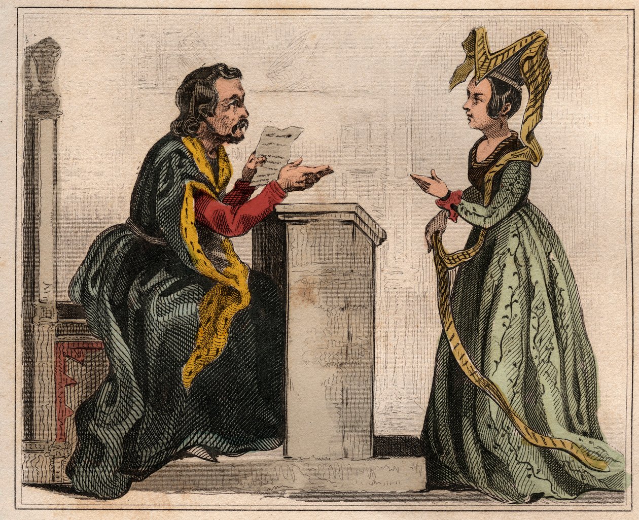 シャルル5世の時代にパリ議会議長を務めたジェハン・パストレ（1328-1405）が、リリピオンをつけた高貴な女性と一緒に写っている。1859年の「Le Monde」に掲載されている図版。M. E. de Lostalによる「最も遠い時代から現代までの全民族の歴史」に掲載された1859年の版画。 作： 匿名匿名