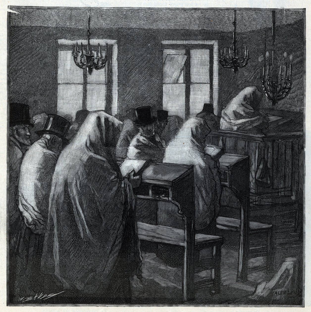 ユダヤ教の祝祭日：祝祭日にオラトリオの中で祈りを捧げる時のフィデレス。1892年の "Le monde illustree "に掲載されたエングレーヴィング。個人蔵。 作： 匿名匿名