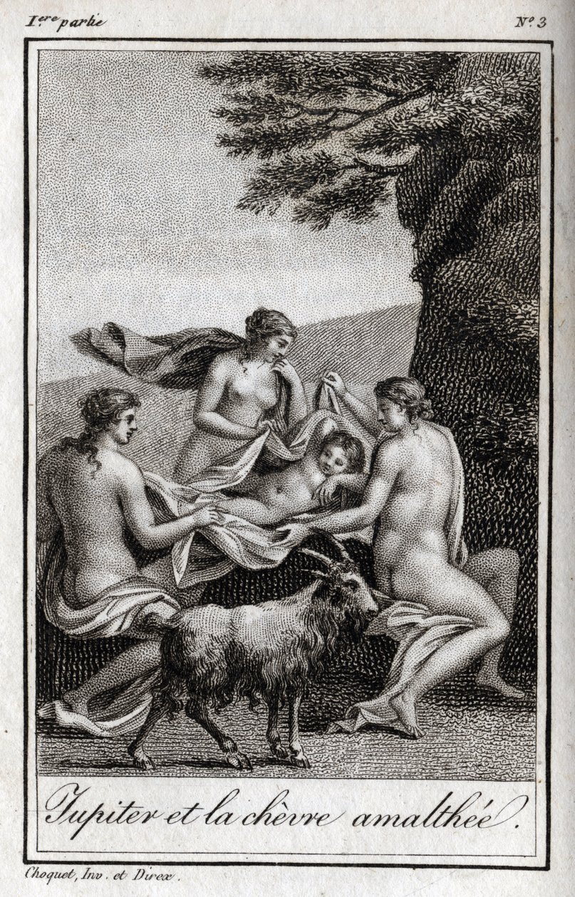 ヤギのアマルテーに食べさせられたジュピターの子供。Charles Albert Demoustier (1760-1801)の「Lettres a Emilie sur la mythologie」の1819年の版画。個人蔵。 作： 匿名匿名