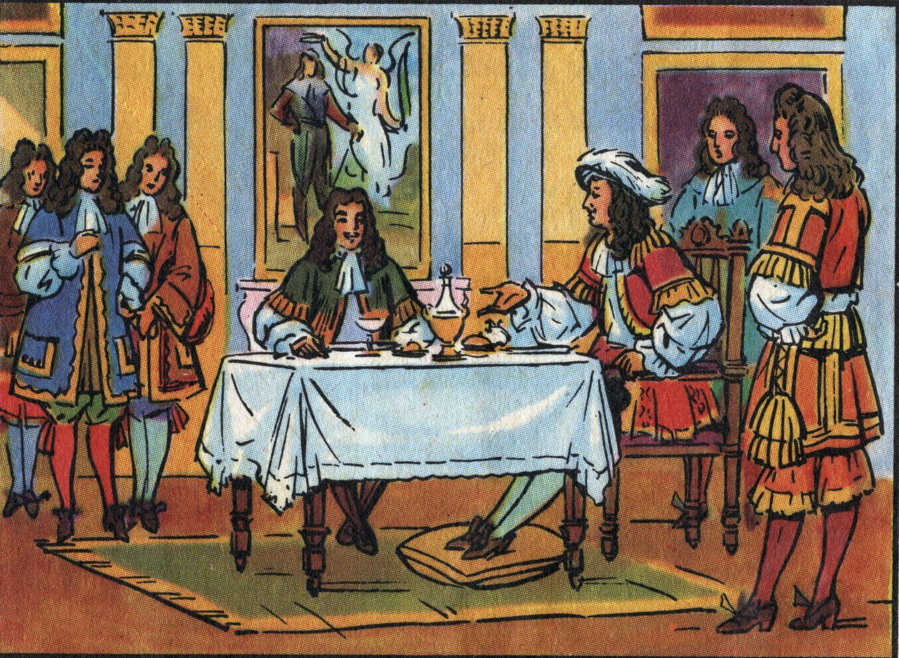 国王ルイ14世（1638-1715）は、ヴェルサイユ城の宮廷での朝食時に、コメディアンで劇作家のジャン・バティスト・ポケラン・ディット・モリエール（1622-1673）を迎えた。Collection des souverains et chefs d