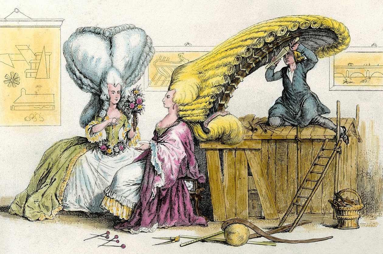 大きな奇抜なヘアスタイル：カツラでスタイリングされた貴族の若い女性たち。1788年のエングレーヴィング 個人蔵 作： 匿名匿名