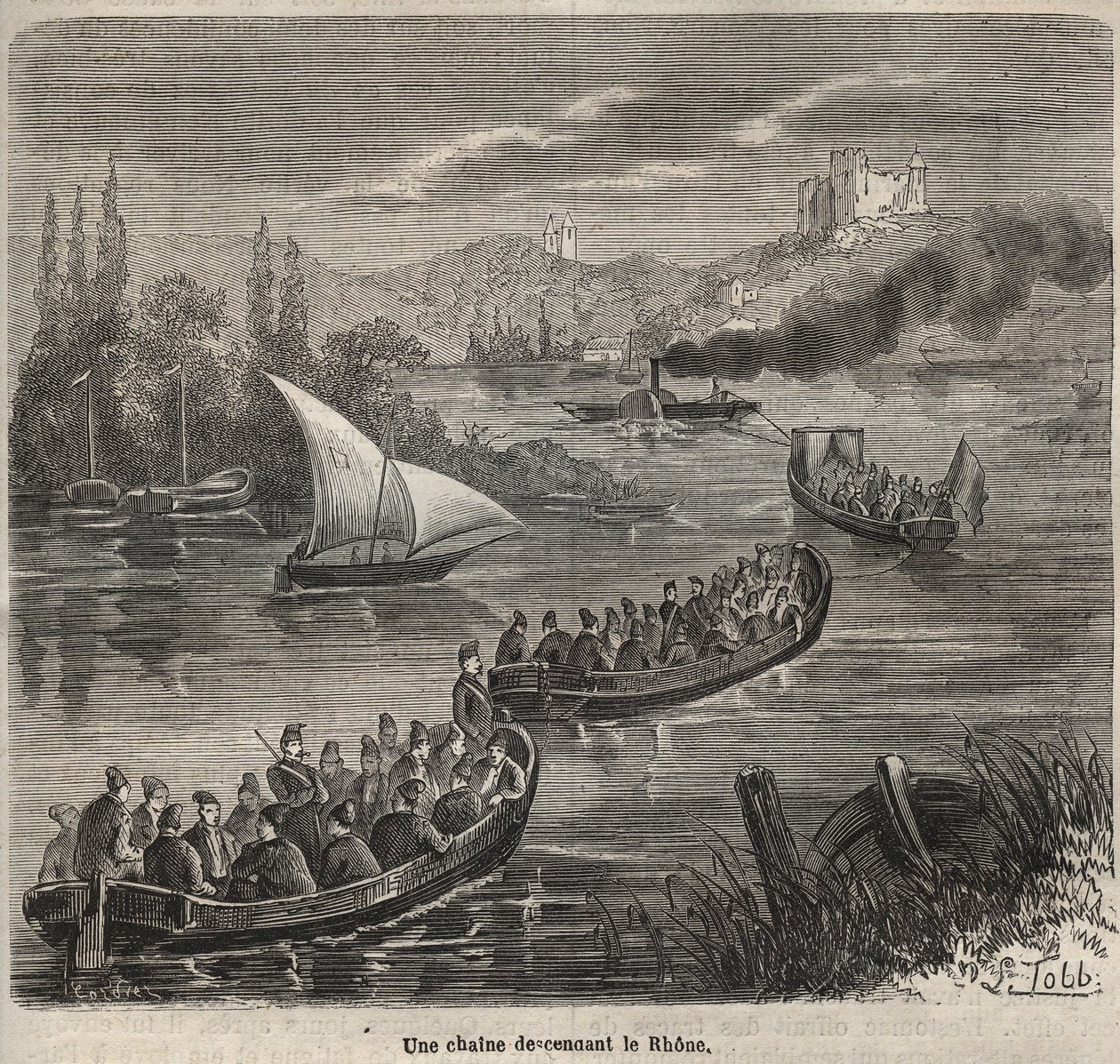 ピエール・ザッコーネ（1817-1895）の「Histoire des bagnes depuis le création à nos jours」（1877年）に掲載された版画「Le bagne de Toulon - une chaine descendant le Rhone - Colonia Penale - Penal colony」。 作： 匿名匿名