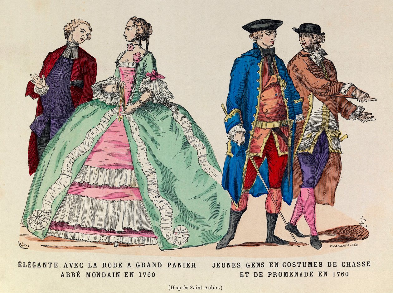 左：大きな籠のドレスを着たエレガンテ（1760年のモンダン・アッブ）／右。1760年、狩猟服と散歩服を着た若者たち（ルイ15世の摂政） - 個人蔵 作： 匿名匿名