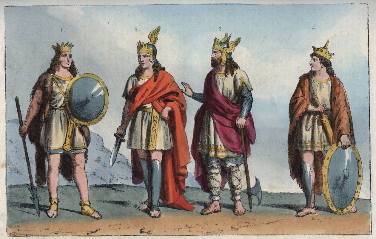 Les Merovingiens - Merovingian dynasty - Pharamond or Faramund (- Chlodio (Clodius, Clodion, Cloio or Chlogio) (Clodion le Chevelu) (ca. 390 - ca. 450) - Merovech (Merovee or Merowig, ca. 412-457) and Clovis (ca. 466-511)" - "Usi e Costumi di "のエングレーヴィング。 作： 匿名匿名