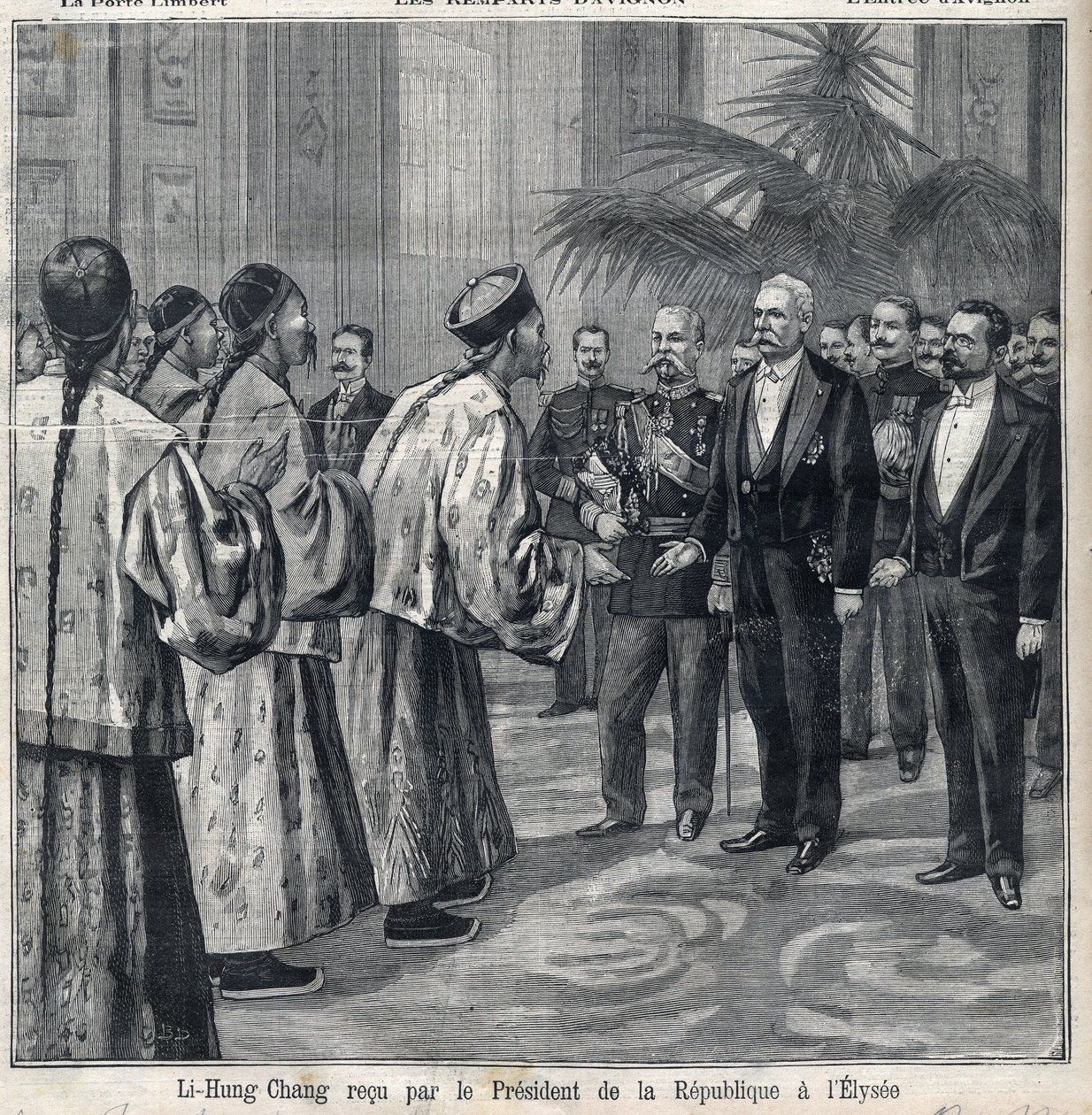 エリゼ宮で共和国大統領フェリックス・フォール（1841-1899）に謁見する李鴻章。Le Petite Parisien "に掲載された版画 作： 匿名匿名