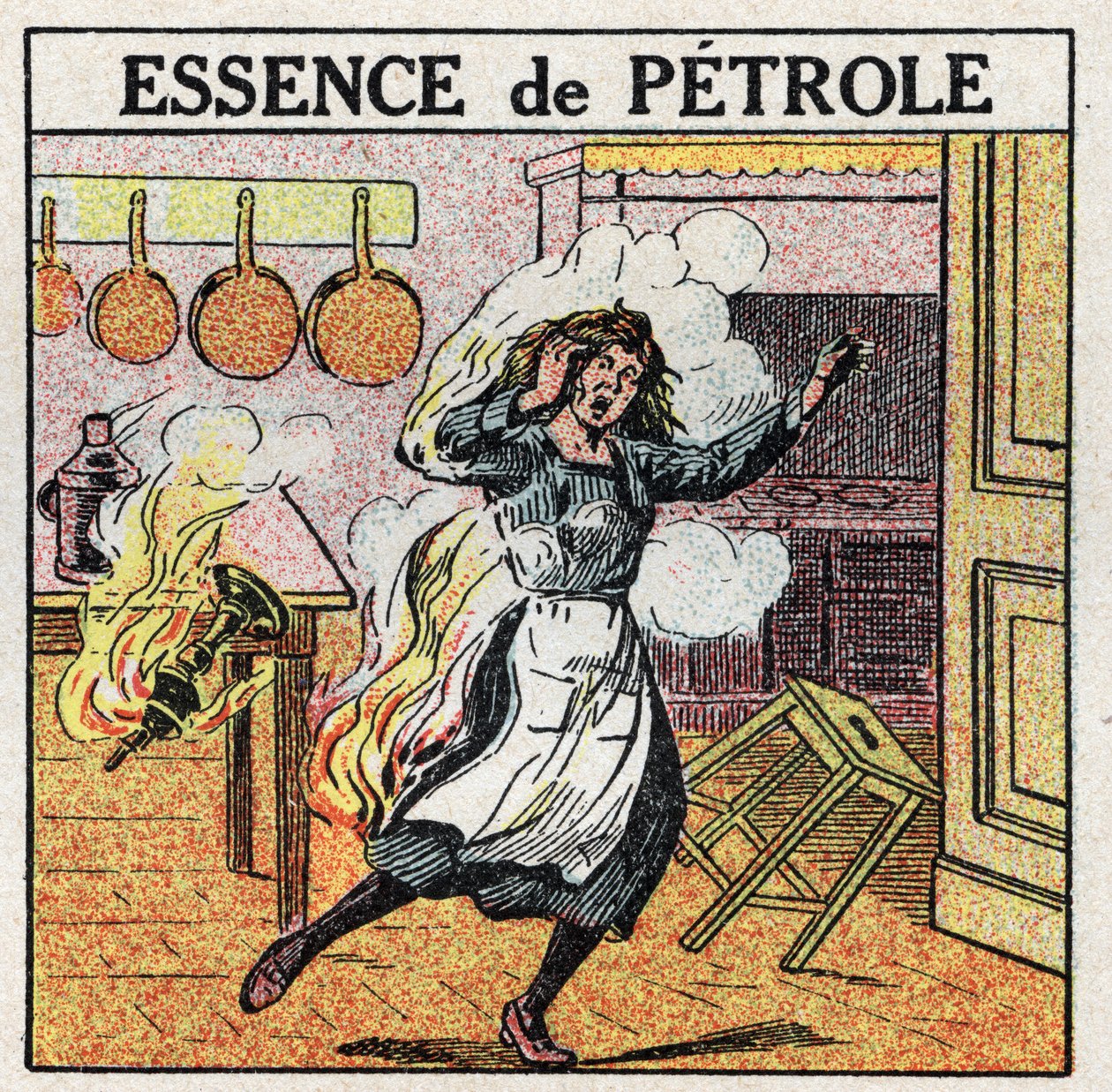 光源：オイル・ガソリンを使ってランプを操作していた女性が火事になりました。1925年の匿名のイラスト。個人蔵。 作： 匿名匿名