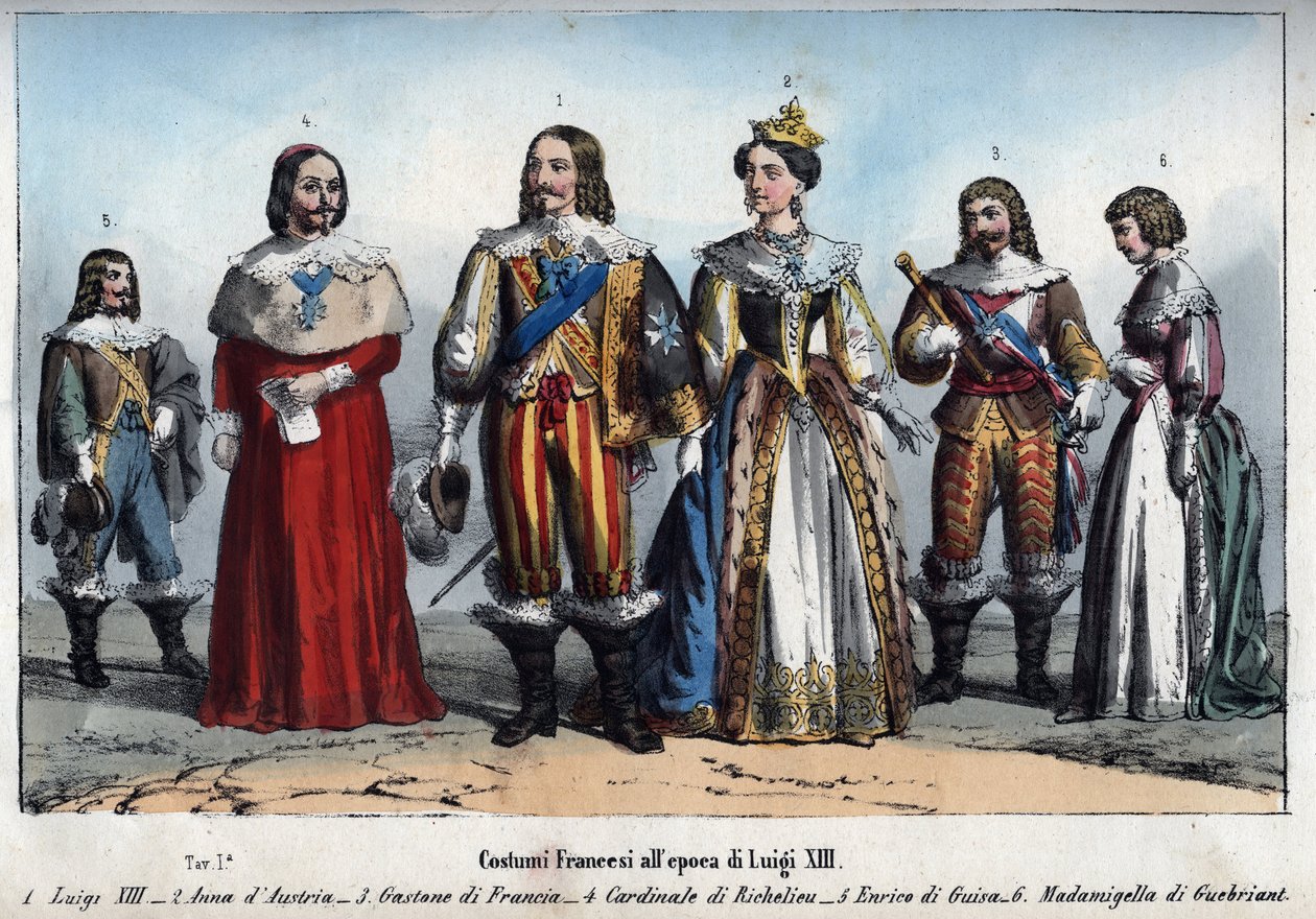 Ludwig XIII. - Anna von Österreich (1601-1666) - Gaston von Frankreich (Gaston, Herzog von Orléans) - Armand Jean du Plessis, Kardinal de Richelieu - Henri II. de Guise (Henry II, Herzog von Guise) - Anne-Marie Budes de Guebriant - Gravur aus „Usi e Costum von Anonymous Anonymous