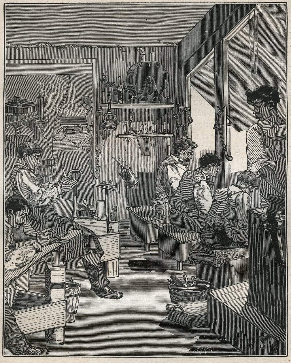 19世紀のフランスの工房での櫛の製造風景。Adolphe BITARDの "Les arts et metiers illustres "に掲載された1885年のエングレーヴィング。 作： 匿名匿名
