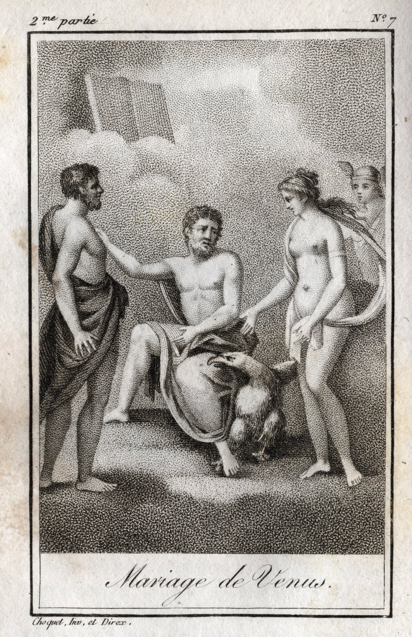 火星と金星の結婚。シャルル・アルバート・ドゥムスティエ（1760-1801）の『Lettres a Emilie sur la mythologie』に掲載された1819年のエングレーヴィング。個人蔵。 作： 匿名匿名