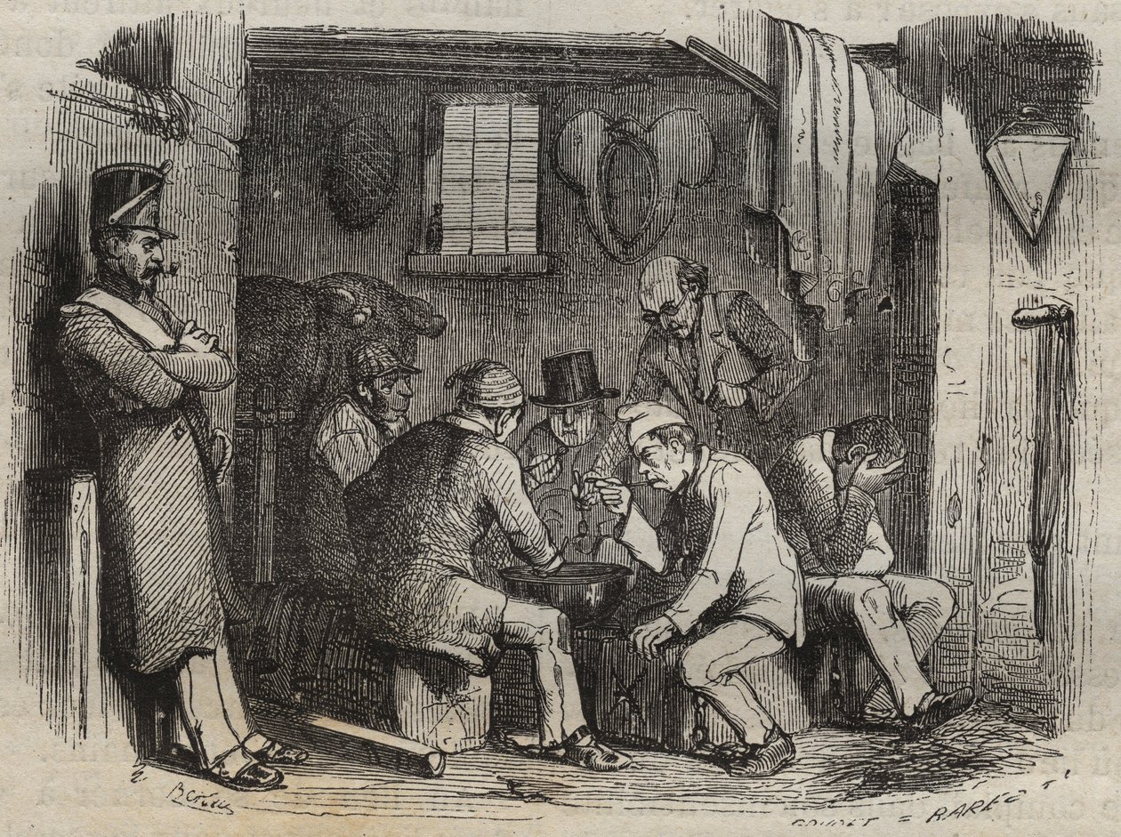 19世紀のロシュフォールのバッグンでのフォルキャットの食事。ピエール・ザッコーネ（1817-1895）の「Histoire des bagnes depuis leur création à nos jours」（1877年）に掲載されたエングレーヴィング（Colonia Penale - Penal colony）。個人蔵。 作： 匿名匿名