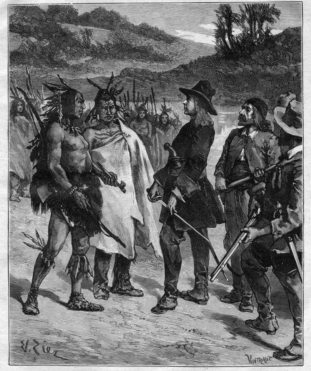 Robert Cavelier de La Salle (1643-1687)のピオリア湖付近でのアメリカのインディアンとの出会い 1889年の "Journal des voyages "の刻印 作： 匿名匿名