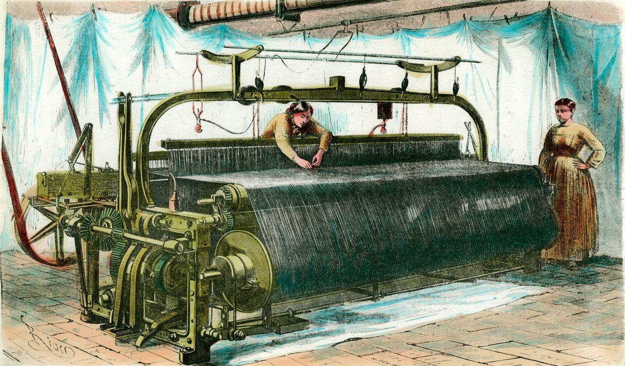 大きな工場で機械織りをするためのメチエ。1860年頃のエングレーヴィング。 作： 匿名匿名