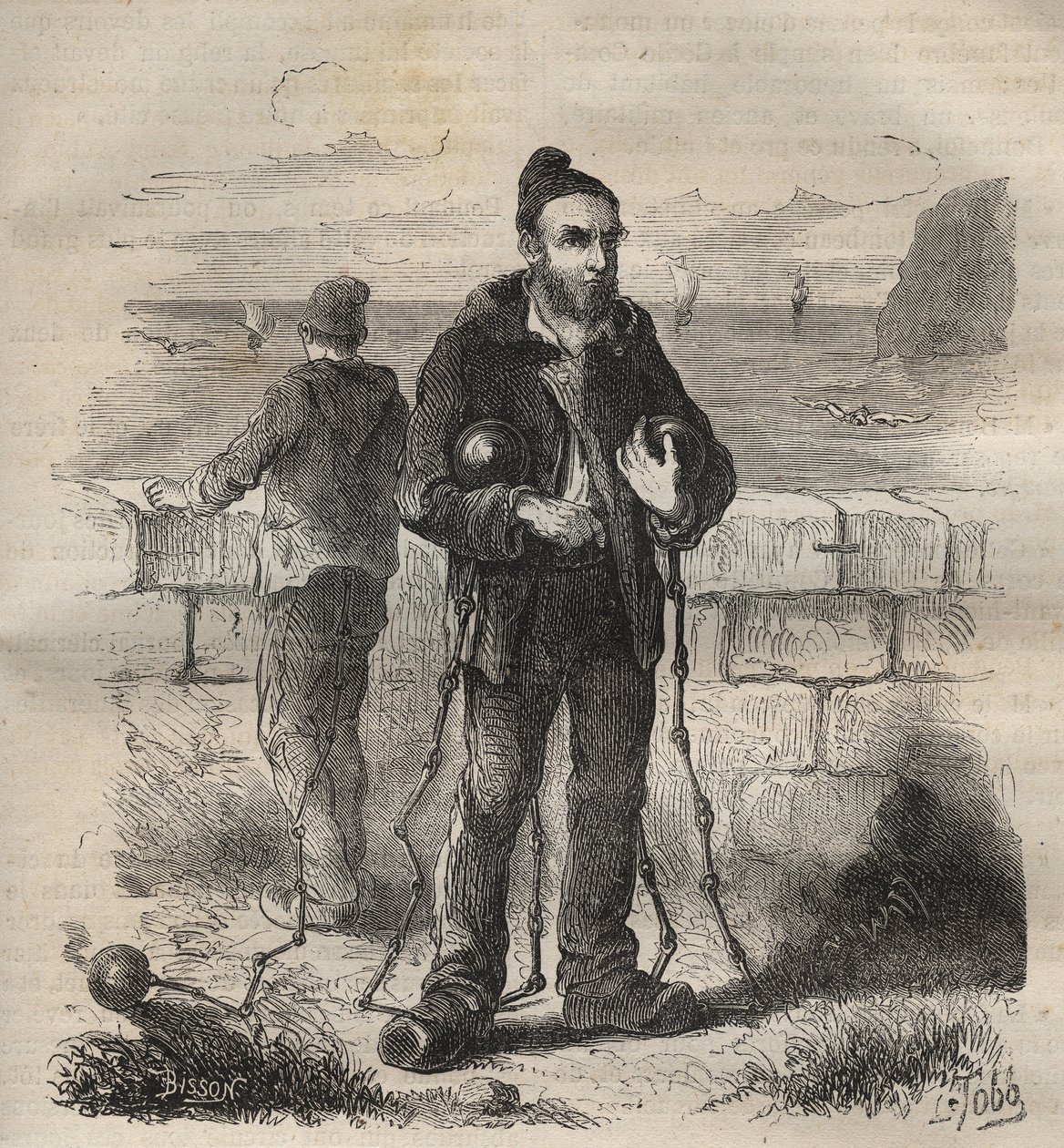19世紀、トゥーロンのバッグンに収容されていた軍人。ピエール・ザッコーネ（1817-1895）の「Histoire des bagnes depuis leur création à nos jours」（1877年）に掲載されている版画（Colonia Penale - Penal colony）。個人蔵。 作： 匿名匿名
