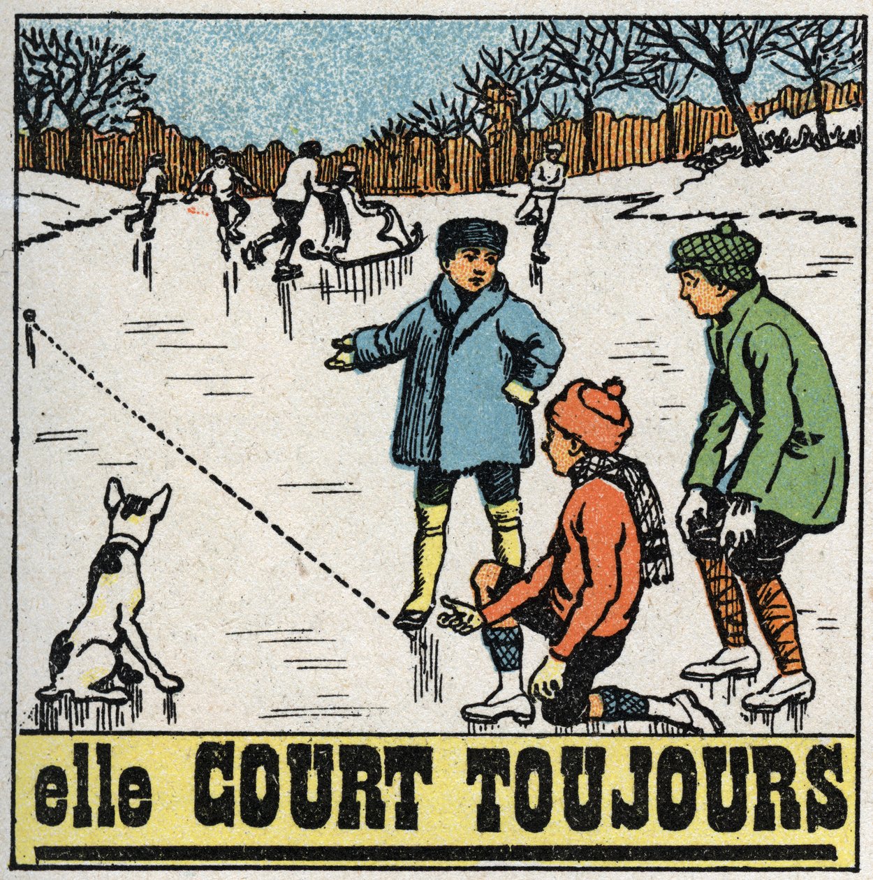 動き：冬の池の凍った氷の上でボール遊びをする子供たち。1925年の匿名のイラスト。個人蔵。 作： 匿名匿名