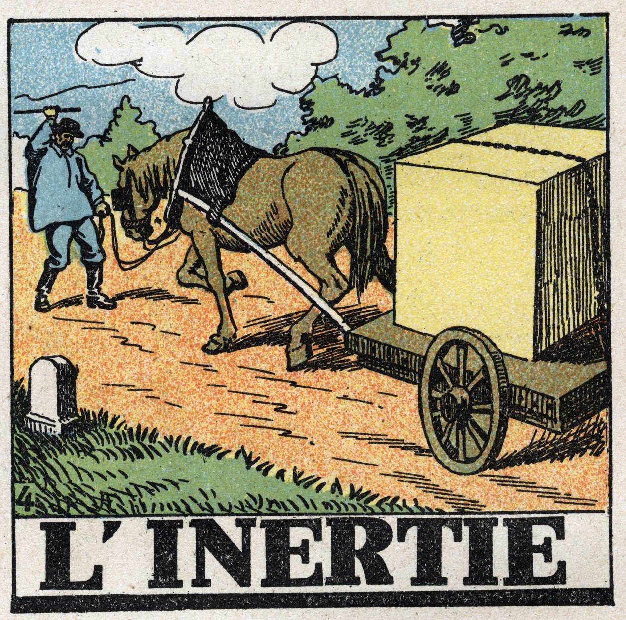 動き：慣性。馬を前進させるために鞭打ちをするカーター。1925年の匿名のイラスト。個人蔵。 作： 匿名匿名