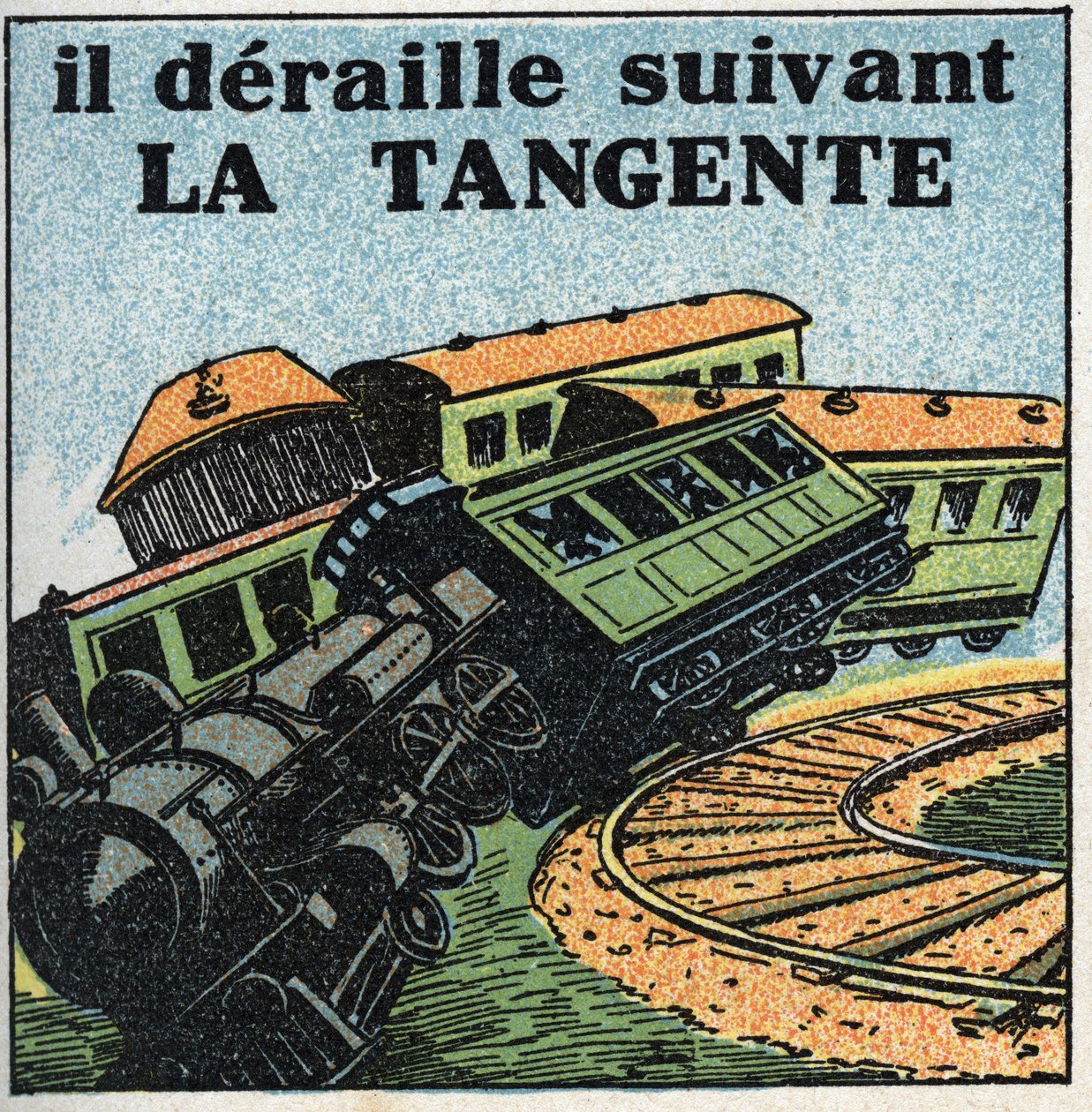 動き：タンジェント。電車の脱線事故。1925年の匿名のイラスト。個人蔵。 作： 匿名匿名