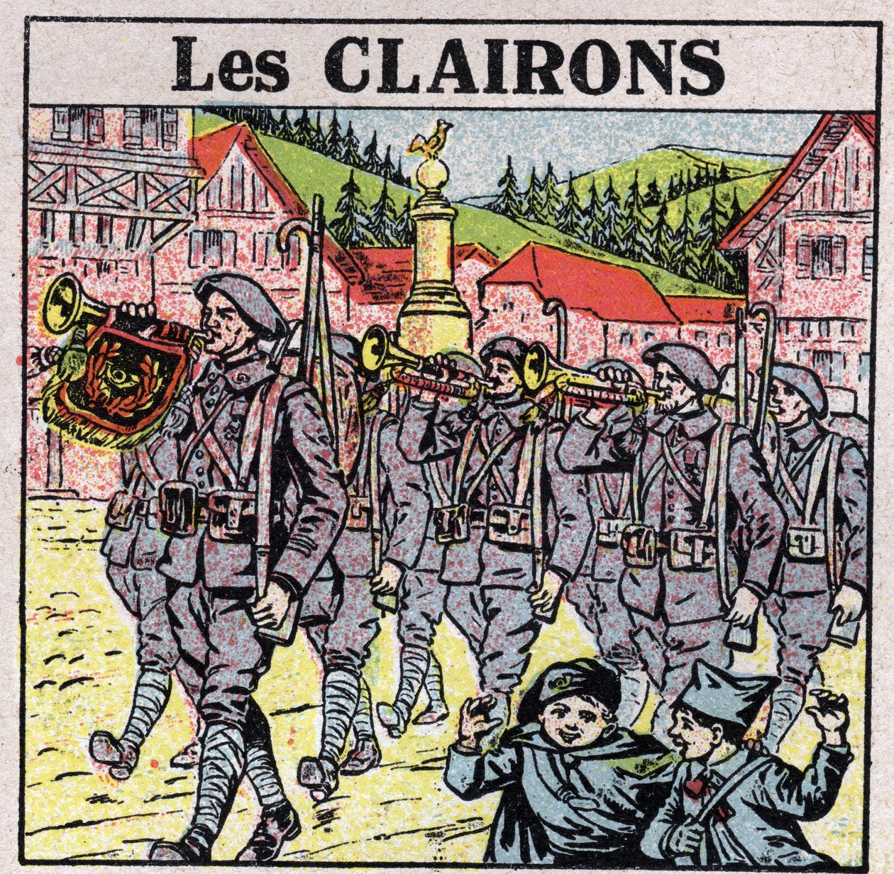楽器：口が壺になっている管楽器。軍隊走行中のラッパ奏者。1925年の匿名のイラスト。個人蔵。 作： 匿名匿名