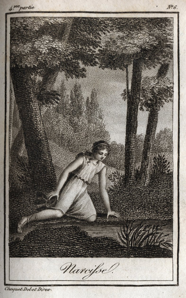 自分の姿を見つめているナルシス（Narciso） シャルル・アルベール・ドゥムスティエ（1760-1801）の『Lettres a Emilie sur la mythologie』に掲載された1819年のエングレーヴィング。個人蔵。 作： 匿名匿名