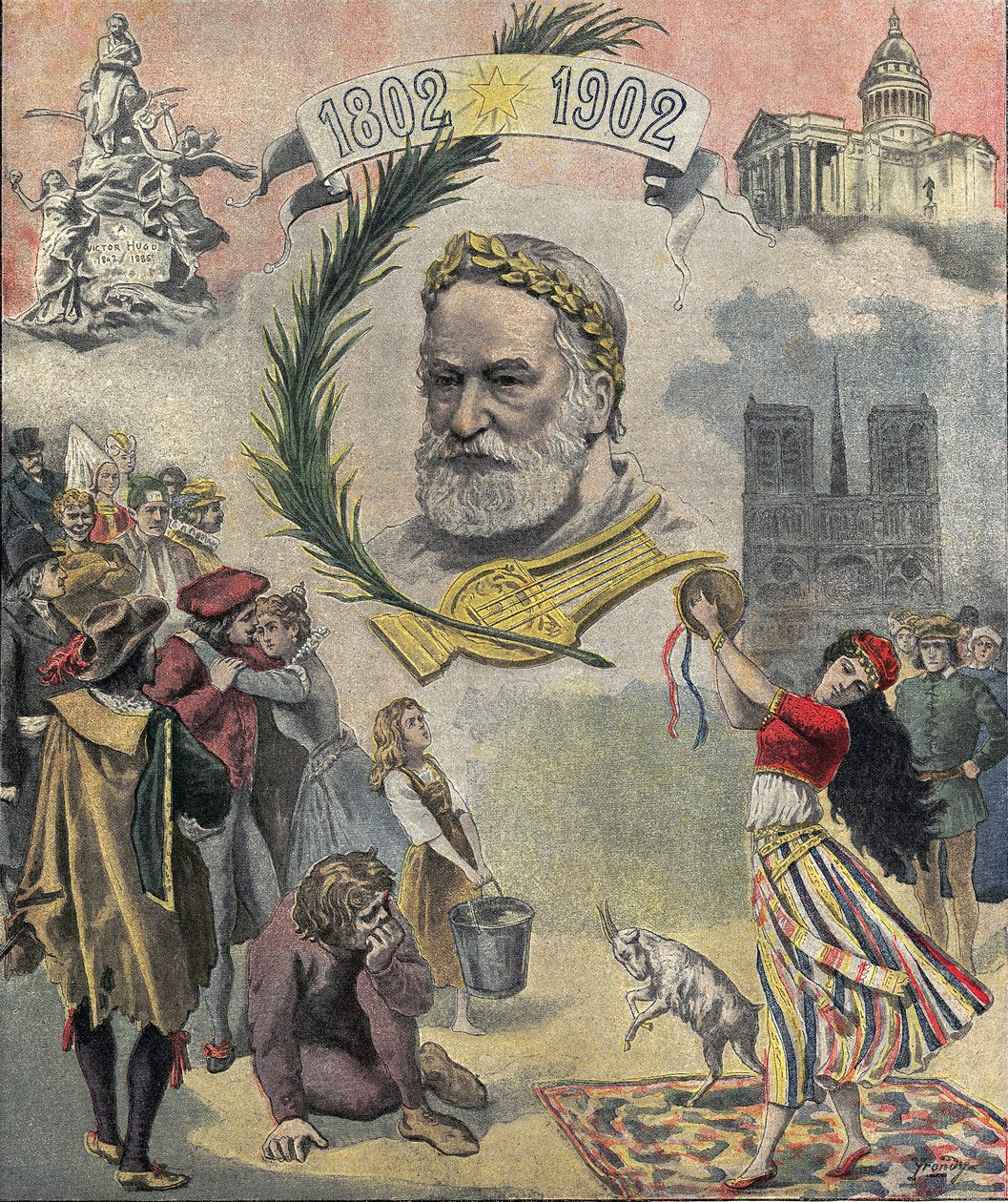 フランスの詩人・作家であるヴィクトル・ユーゴー（1802-1885）の生誕100周年を記念して、「Le petit journal」の1冊が作られました。彼の小説の登場人物（エスメラルダ、カシモド、コゼット）が描かれています。02-03-1902 個人蔵 作： 匿名匿名