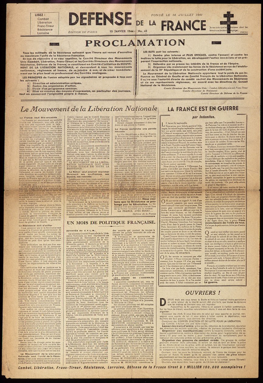 1944年1月15日付の秘密新聞「フランスの防衛」の1枚 作： 匿名匿名