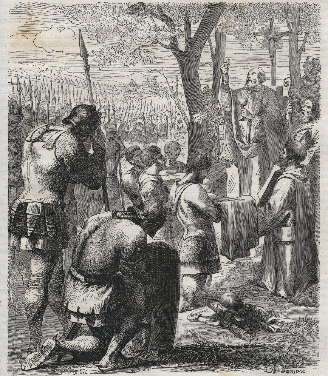 レヒフェルトの戦い（955年）の前に聖体拝領する神聖ローマ皇帝オットー1世 - ドイツ皇帝オットン1世（Othon）（912～973年）は、955年のレヒフェルトの戦いの前に聖体拝領した - 1864年の刻印 作： 匿名匿名