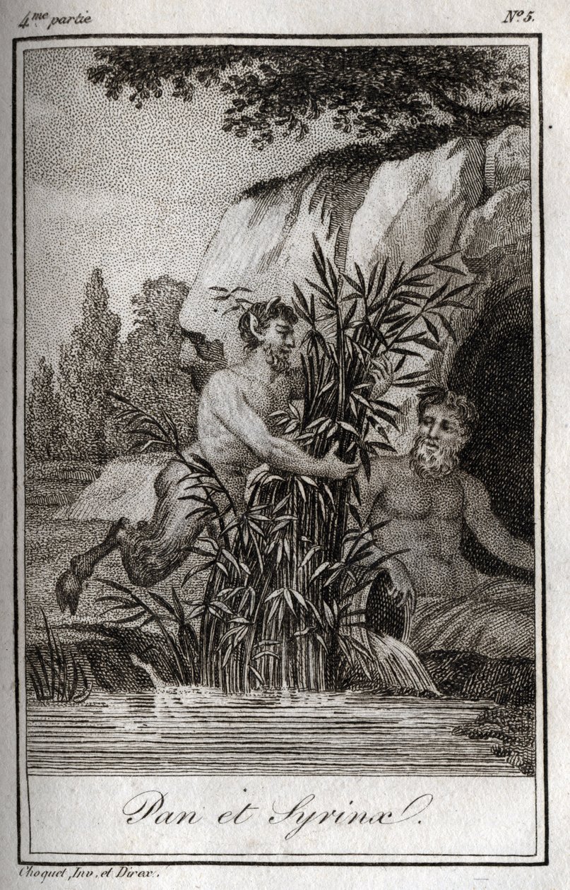 葦に変身したパンとニンフのシリンクス（Pan and Nymph Syrinx）。Charles Albert Demoustier（1760-1801）の「Lettres a Emilie sur la mythologie」に掲載された1819年のエングレーヴィング。個人蔵。 作： 匿名匿名