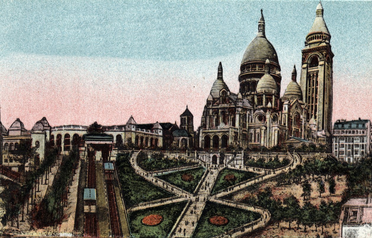 パリ：モンマルトルのビュートにあるフニクラとサクレクール寺院（Basilica of the Sacre-Coeur）。パリ市の「芸術アルバム」に掲載されている1920年の写真。個人蔵。 作： 匿名匿名