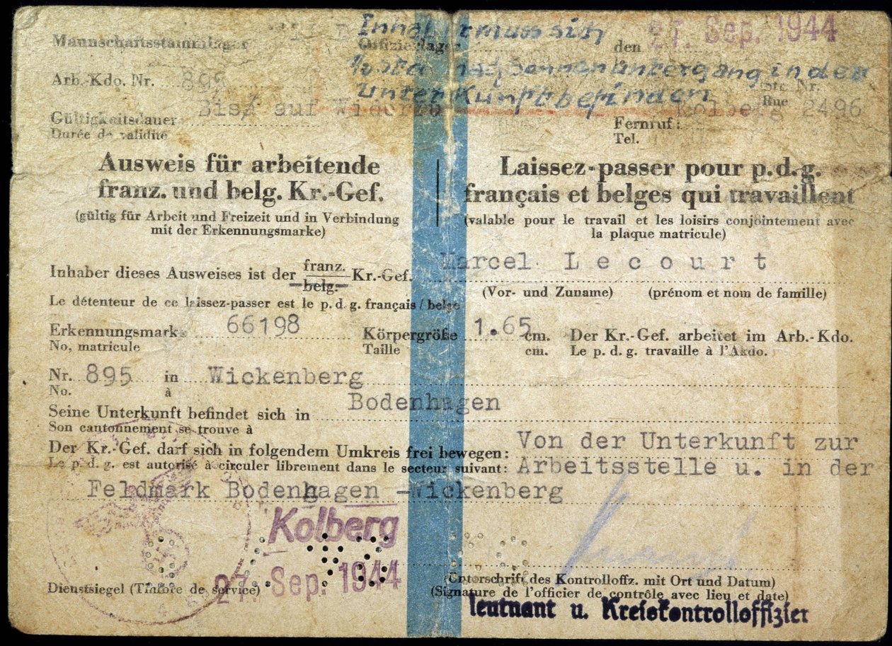 第二次世界大戦中のパスポート、"Passport "for French and Belgian CEO who work", 25/9/1944. 作： 匿名匿名