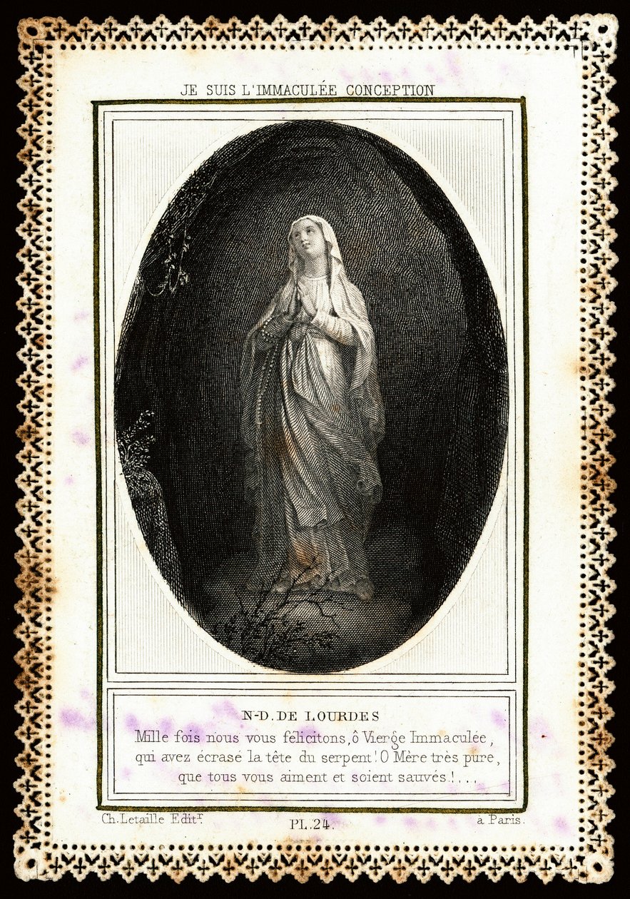 敬虔なイメージ。"Notre Dame de Lourdes" デンテレカード。19世紀個人蔵 作： 匿名匿名