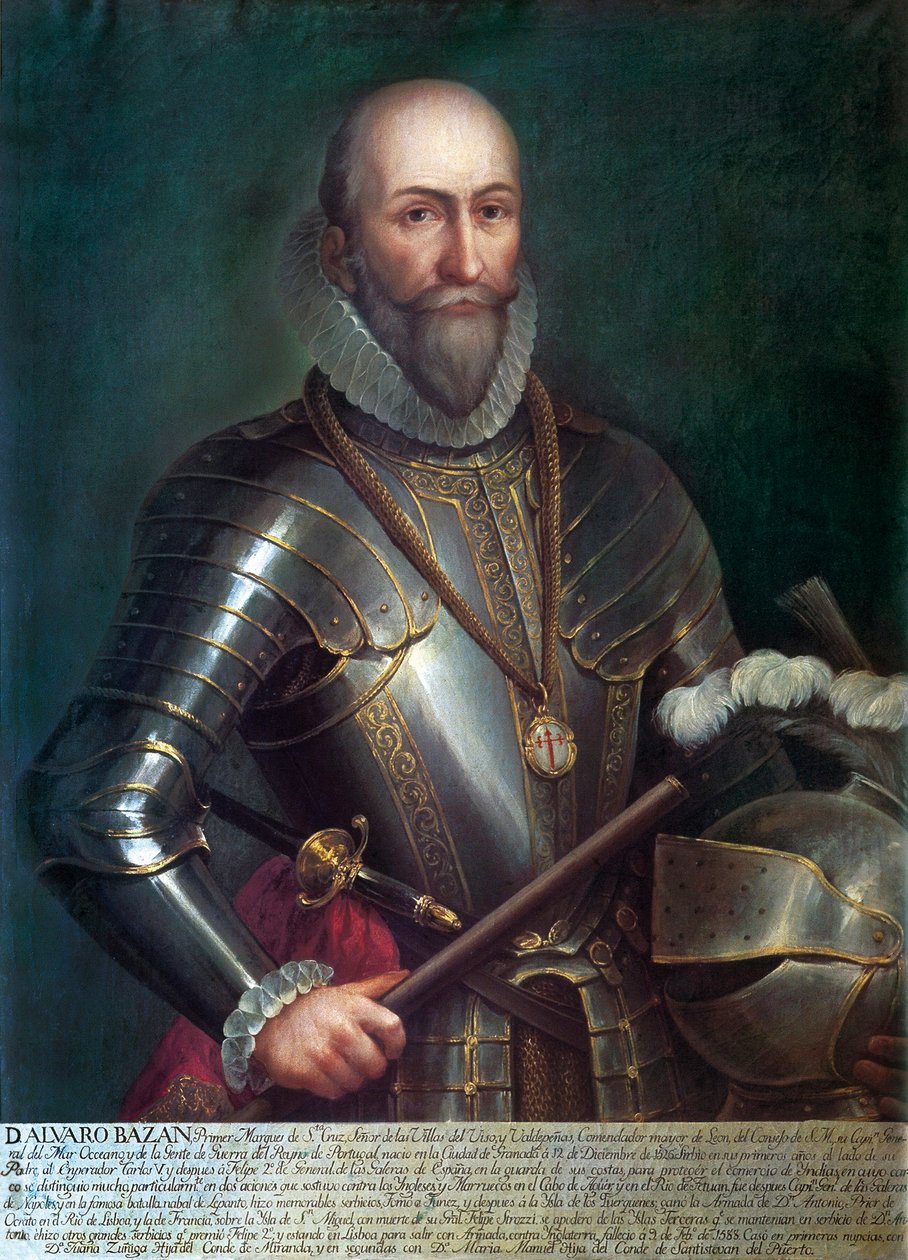 初代サンタ クルス侯爵 (1526-1588)、スペインの提督兼航海士、アルバロ デ バザン イ グスマンの肖像画。 匿名の絵画、キャンバスに油彩。 作： 匿名匿名
