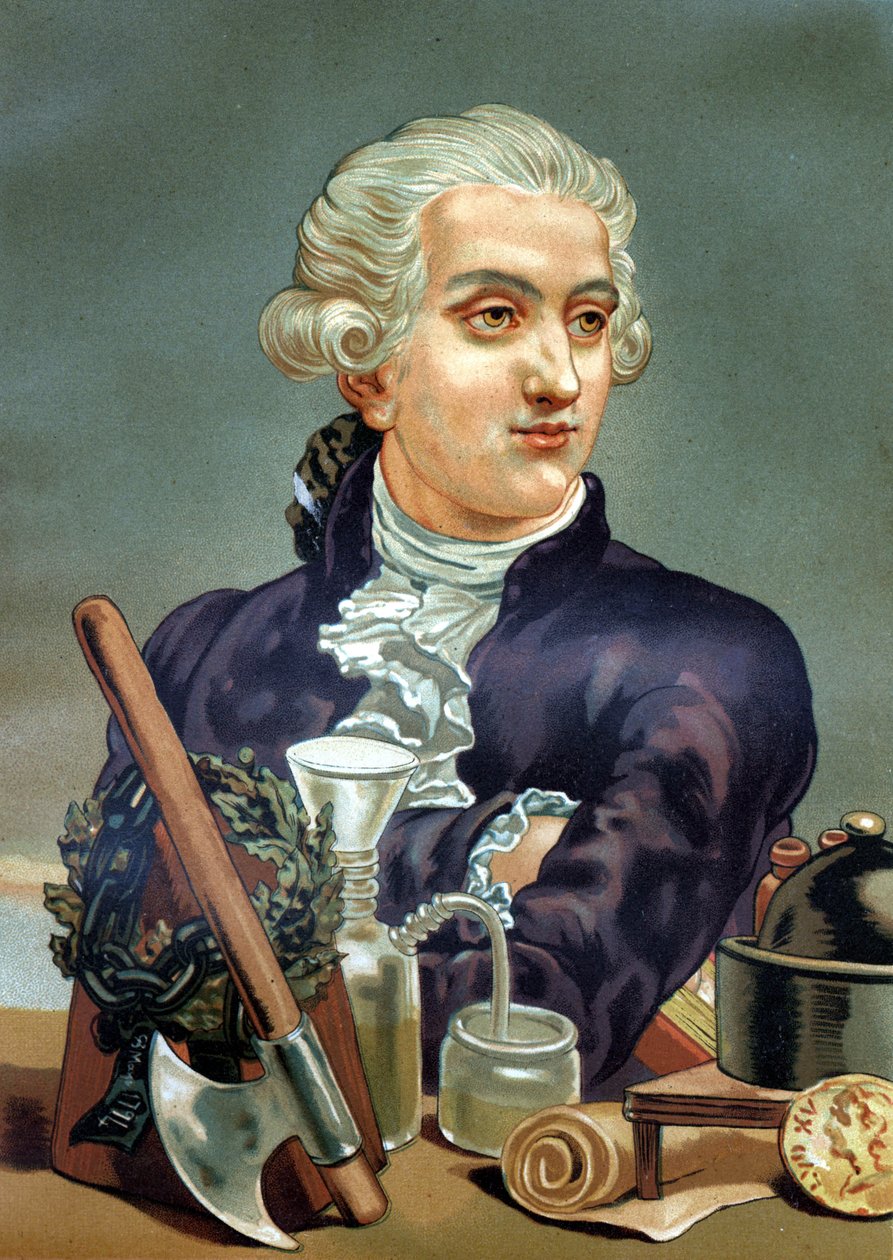 Antoine Laurent de Lavoisier (1743 - 1794), フランスの化学者の肖像。Louis Figuierの "La Ciencia y sus Hombres "の後に描かれている。1881年バルセロナ。 作： 匿名匿名