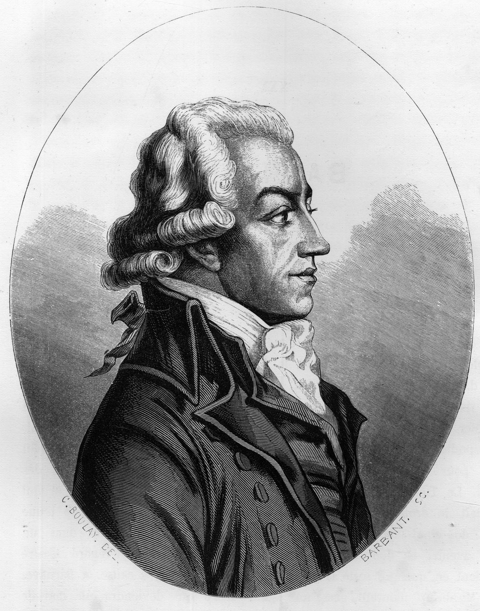 アントワーヌ・ピエール・ジョゼフ・マリー・バルナヴ（1761-1793）の肖像 - デュプレ・ド・ラ・マヘリー著『赤い本-フランスにおけるエシャフォーの歴史』に掲載された1863年のエングレーヴィング - 個人蔵 作： 匿名匿名